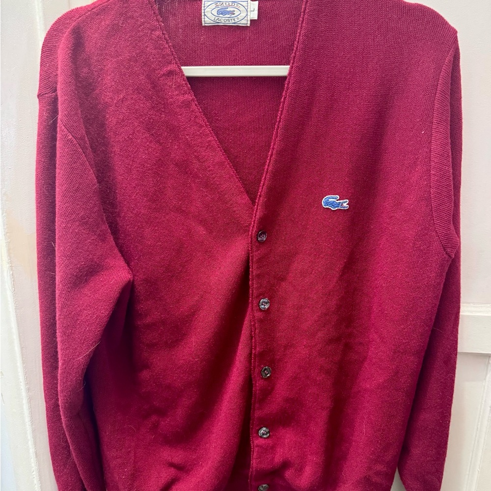 Lacoste Red Cardigan Sweater V-Neck Knit